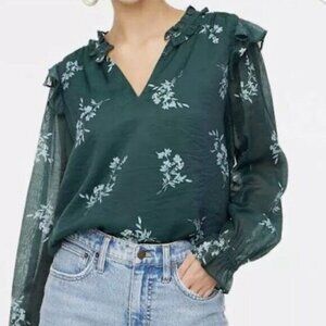 New J.Crew Textured Chiffon Floral Ruffle Blouse Forest Green XS